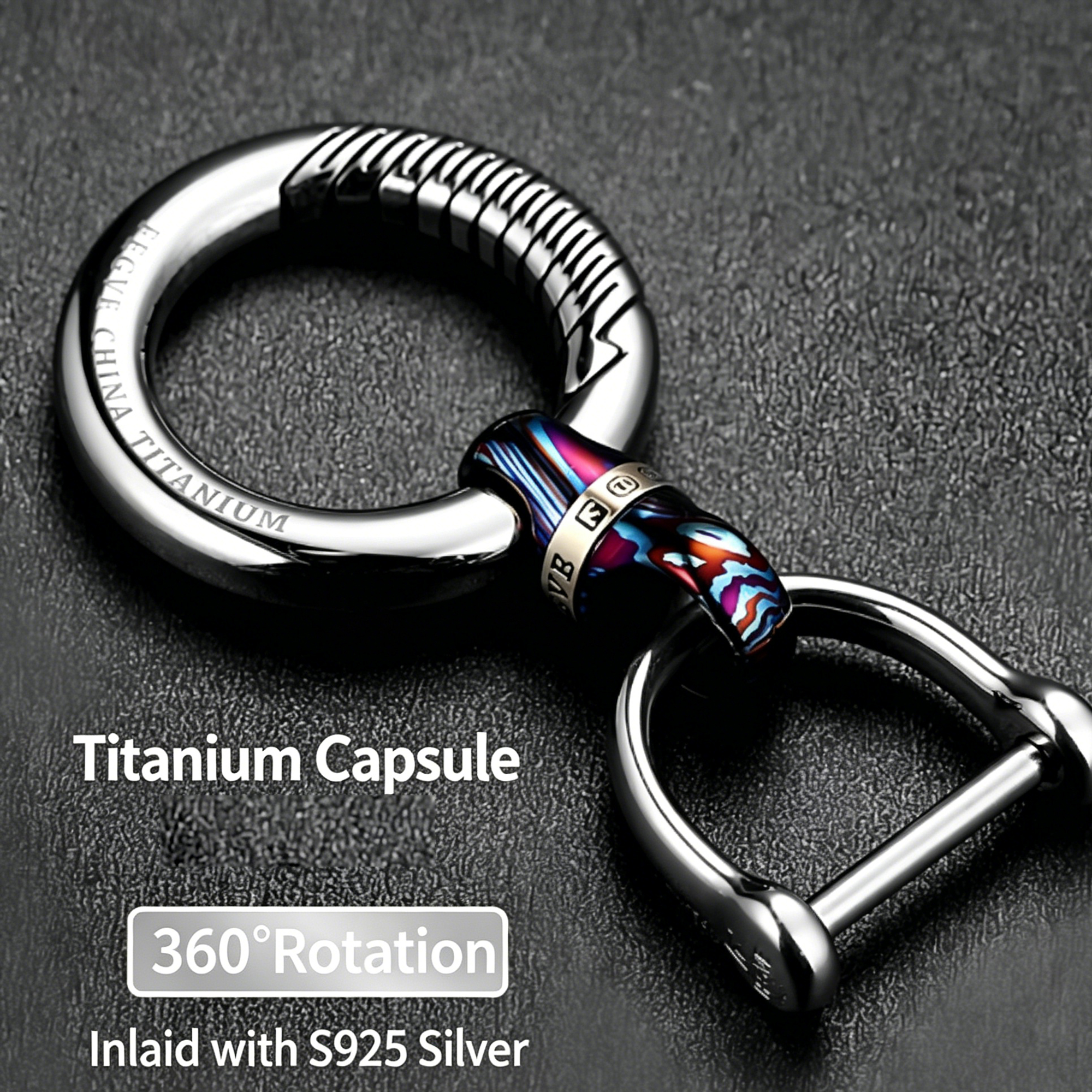 (Default Hong Kong Dollar) Fegve titanium alloy Damascus keychain PJ037F titanium horse leather inlaid silver capsule - 图片 3
