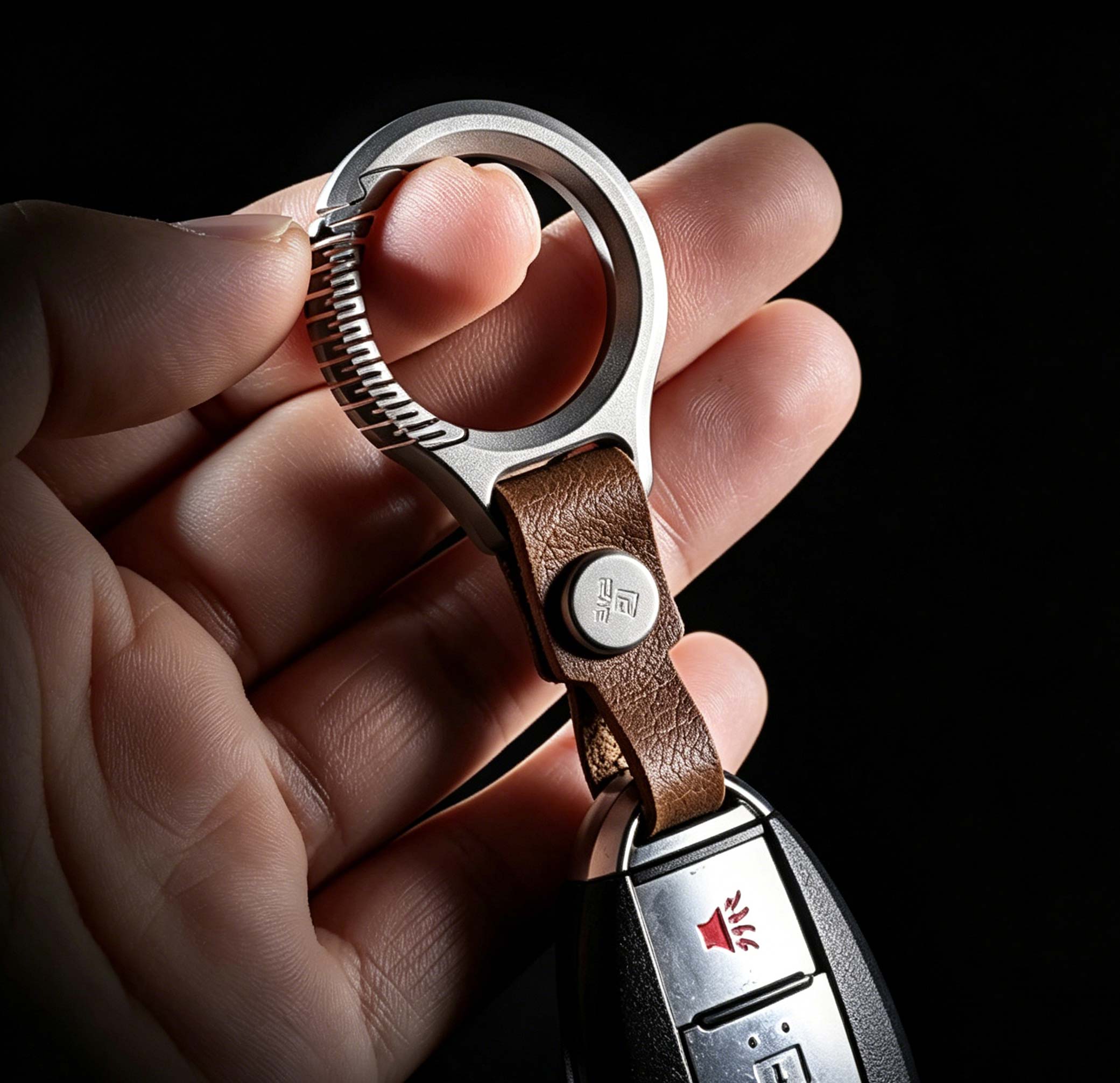 (Default Hong Kong Dollar) Fegve titanium alloy car keychain pendant made of genuine leather Ti096D Titanium Easy Pull Large+8mm Black Extended Leather Strip (with Steel Nails) - Image 2