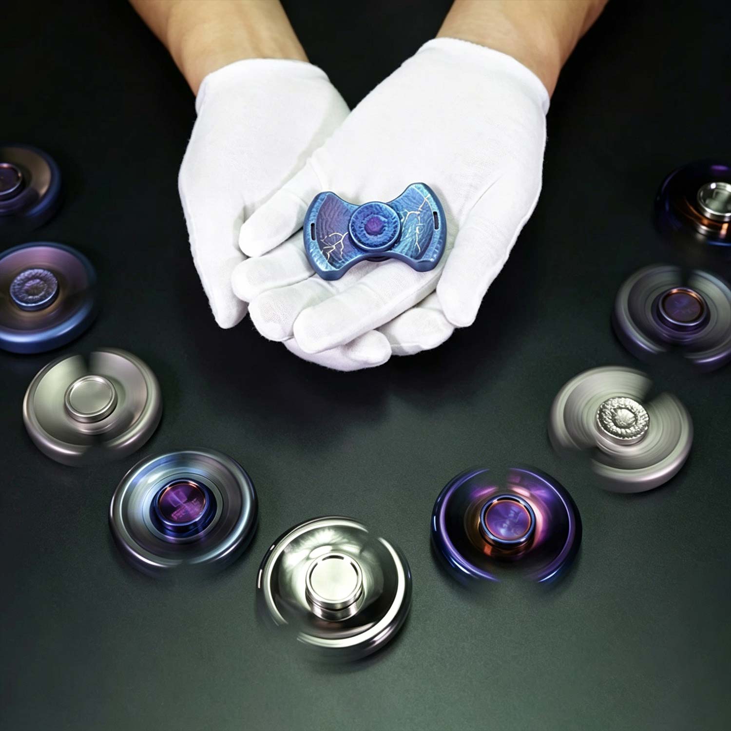 (Default Hong Kong Dollar) FEGVE fan-shaped meteorite patterned fingertip gyroscope/titanium alloy decompression EDC toy pattern baked blue - Image 2